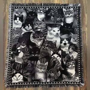 Cat Feline Tapestry Throw Blanket 55x50" Black & White w/ Fringe Trim Cat Lady